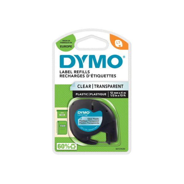 Dymo LetraTag Clear Plastic Tape 12mmX4m Bk