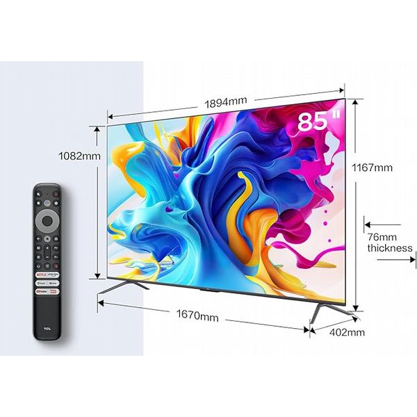 TCL 85C645K QLED Television 4K Ultra HD Smart TV Powered by Google TV (Dolby Vision & Atmos Motion clarity Hands-Free Voice Control)